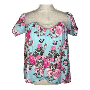 Blue Rain Floral Off Shoulder Short Sleeve Blouse